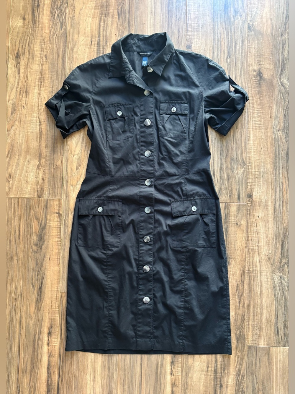 Banana Republic Black Utility Short-Sleeve Button-Front Midi Shirt Dress Size 6